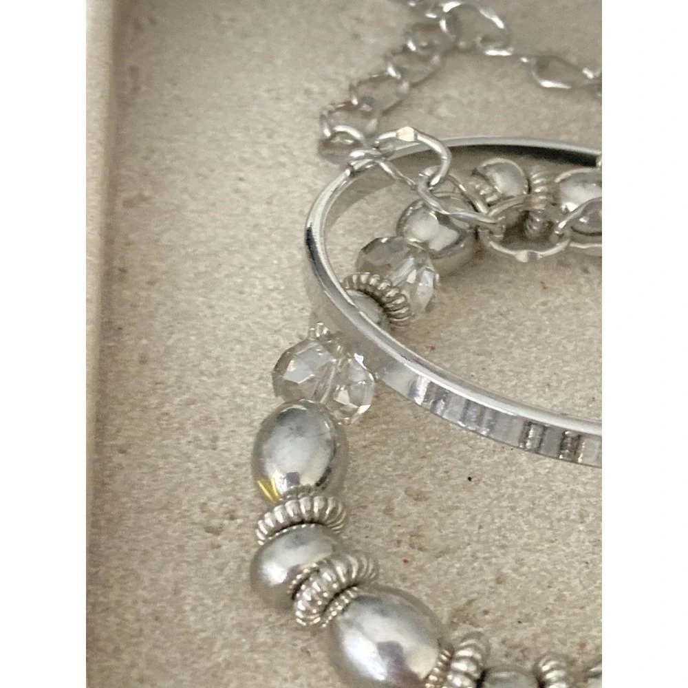 Glossy‎ Silver Tone Bangle Bracelet Set Of 3 Rhinestone Beaded Chain Link Chunky